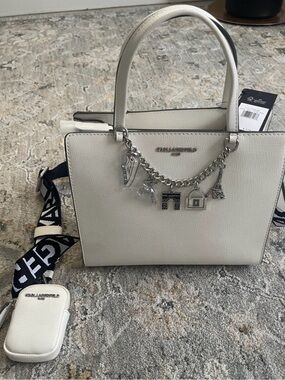 NWT Karl Lagerfeld Zaylia Satchel Cream Ivory Leather Charm Chain Handbag
